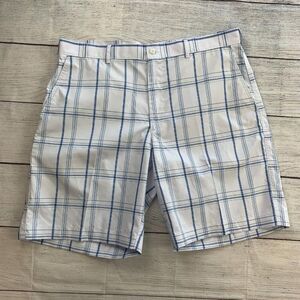 PGA Tour Golf Shorts sz 38 White Blue Plaid 10" Inseam Athletic Activewear New